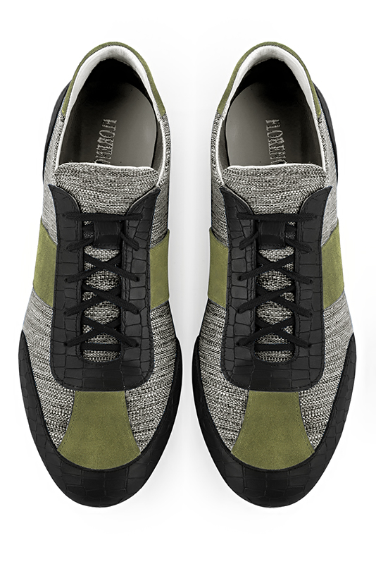 Satin black, ash grey and pistachio green three-tone dress sneakers for men. Round toe. Flat rubber soles. Top view - Florence KOOIJMAN